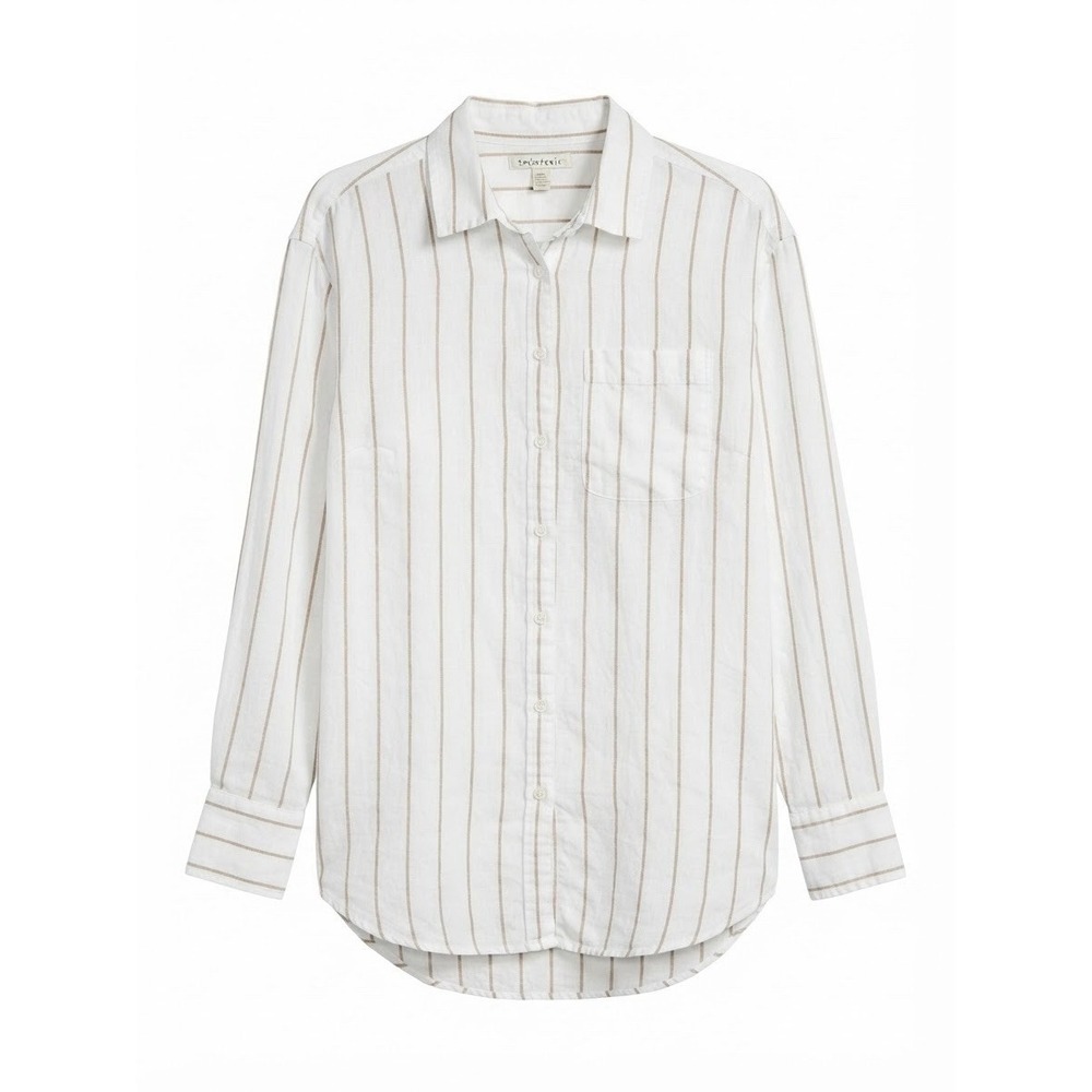 Banana Republic Linen Top Small Stripe Coastal White Long Sleeve Summer Boho
